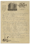 Moe Howard Handwritten Jokes, Circa 1940 With 1 Joke About Hitler -- Four Pages on Two Sheets of Chicago Hotel Stationery Measure 7.25'' x 10.5'' -- Folds & Orange Crayon to 1 Page, Overall Very Good